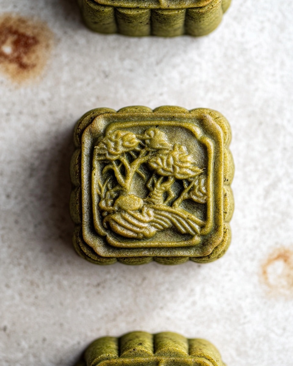 The image shows a square-shaped mooncake with rounded corners, having a greenish-brown color and a textured surface. The top of the mooncake has a raised, detailed design that looks like nature, with patterns resembling trees and clouds. The whole mooncake has a slightly glossy finish and appears to be soft but firm. It is placed on a white marbled texture surface with some brown spots around it. Part of another similar mooncake is visible at the bottom of the image. photo taken with an iphone --ar 4:5 --v 7
