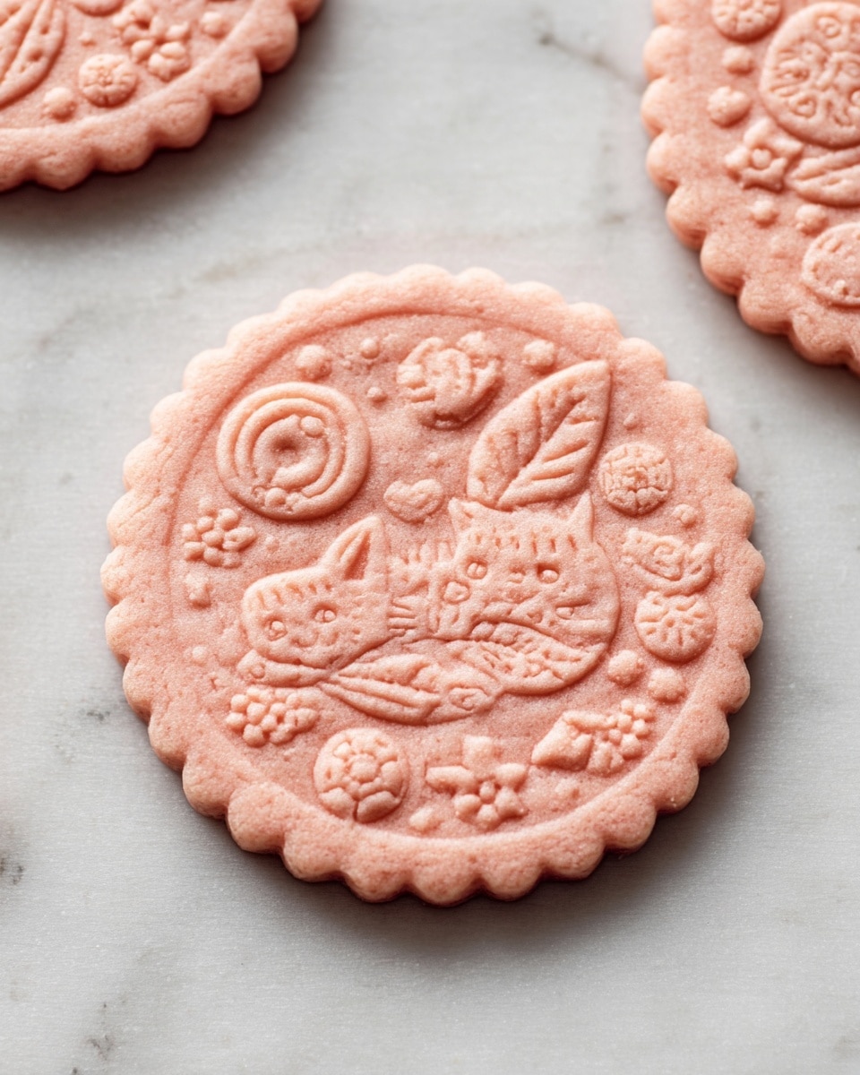 A single round pink cookie with scalloped edges lies flat on a white marbled surface. The cookie is decorated with many small raised patterns, including two central cartoon animals underneath a large leaf, surrounded by smaller shapes like stars, hearts, flowers, and circular designs, all pressed into the surface giving a textured look. Two more cookies with similar designs are partially visible at the top corners. The light captures the smooth yet slightly grainy texture of the dough. photo taken with an iphone --ar 4:5 --v 7