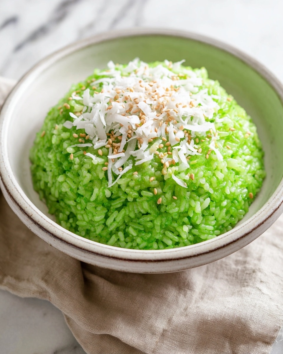 A bowl of bright green sticky rice is heaped in the center, showing a shiny and slightly clumped texture. On top, there is a layer of white shredded coconut, scattered unevenly, mixed with a sprinkling of light tan sesame seeds that add a slight contrast to the colors. The rice sits in a white bowl with a simple rustic design on the rim. The background is a soft white marbled texture, and a beige cloth is partially visible under the bowl. photo taken with an iphone --ar 4:5 --v 7
