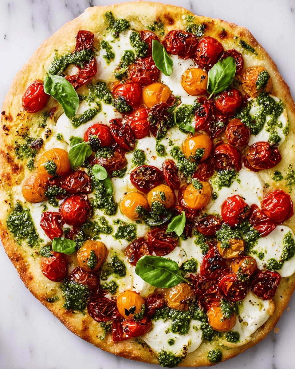 A thin pizza with a light golden-brown crust forms the bottom layer, topped evenly with creamy white mozzarella cheese slices. Scattered on top are vibrant, roasted cherry tomatoes in red, orange, and yellow, some slightly charred giving a roasted texture. Green pesto sauce is dolloped generously across the surface, creating uneven patches of color and texture. Fresh green basil leaves are spread over the pizza, adding a fresh, leafy layer. The pizza sits on a white marbled surface. Photo taken with an iphone --ar 4:5 --v 7