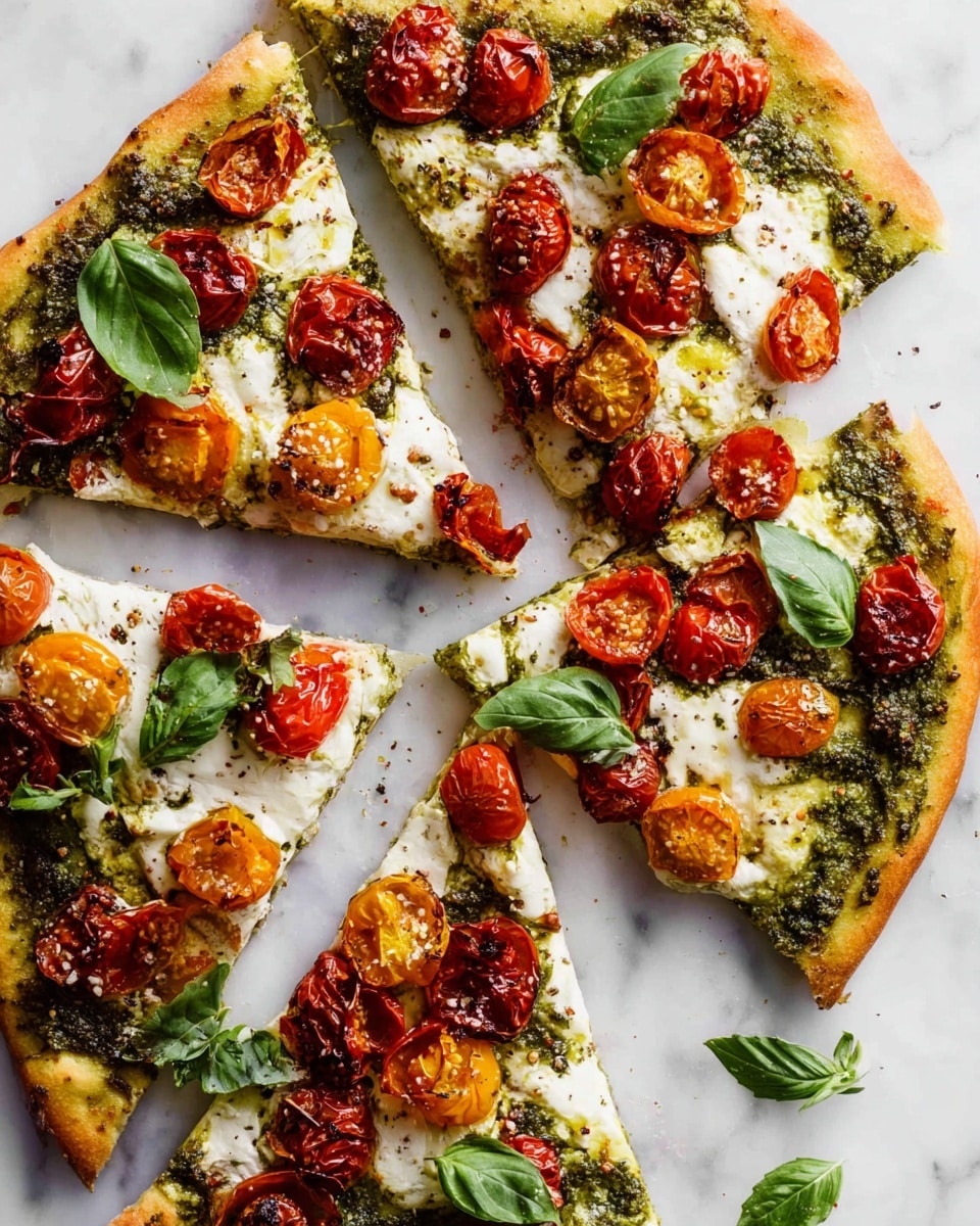 A sliced pizza with a thin golden crust spread evenly with green pesto sauce as the first layer, topped with melted white cheese pieces scattered across. The third layer consists of roasted red and yellow cherry tomatoes, some slightly charred, adding bright red and orange colors with a soft texture. Fresh green basil leaves are placed on top as the final layer, giving a fresh, leafy look. The pizza is arranged on a white marbled surface, with some loose basil leaves scattered around. The overall presentation shows eight irregular pizza slices with vibrant colors and textures. Photo taken with an iphone --ar 4:5 --v 7
