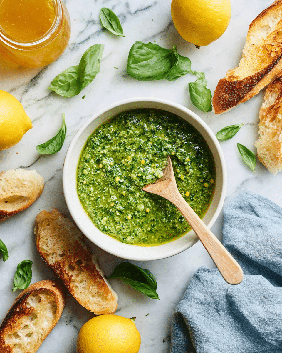 A white bowl filled with a thick, textured green pesto sauce that has small bits of herbs and oil visible, with a light wooden spoon resting inside it. The bowl sits on a white marbled surface surrounded by toasted slices of rustic bread with a golden crust, bright green basil leaves scattered around, a jar of golden honey, and two whole bright yellow lemons. A light blue crumpled cloth is placed at the right side, completing the fresh and natural setting. photo taken with an iphone --ar 4:5 --v 7