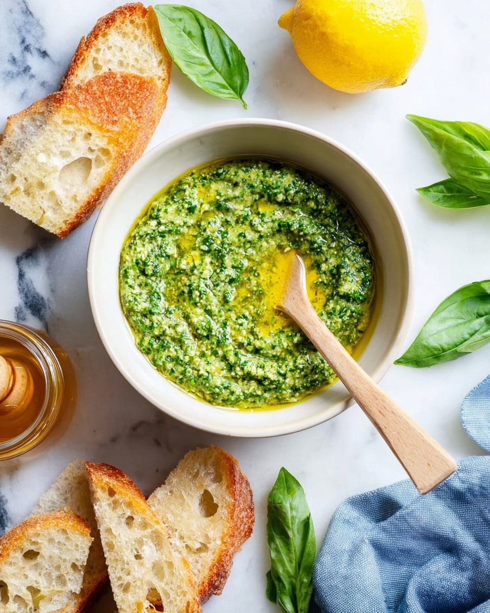 A white bowl in the center filled with a green pesto sauce with a slightly chunky texture, topped with a drizzle of olive oil and a light wooden spoon resting inside. Surrounding the bowl are several slices of toasted light beige bread with a porous texture, a few fresh green basil leaves, a whole lemon in bright yellow, and a small jar of golden honey. The bowl and ingredients are arranged on a white marbled surface with a folded blue cloth nearby. photo taken with an iphone --ar 4:5 --v 7