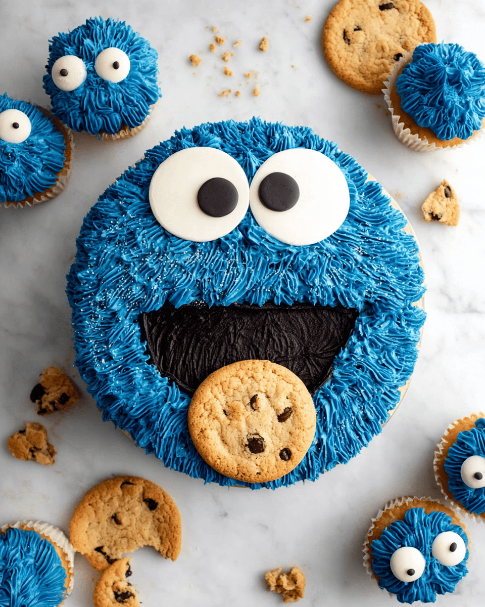 The image shows a round blue cake decorated to look like a cartoon face. The cake has two large white circles with black centers as eyes near the top. The blue frosting is textured with thick, stringy strands covering the entire face, creating a furry look. Below the eyes is a wide black mouth made of smooth icing or fondant, with cookie crumbs inside and on the edges, and a large chocolate chip cookie partly inside the mouth. Around the main cake are smaller blue cupcakes decorated the same way with white and black eyes and cookies as mouths. These are all placed on a white marbled surface with some broken cookies scattered around. photo taken with an iphone --ar 4:5 --v 7