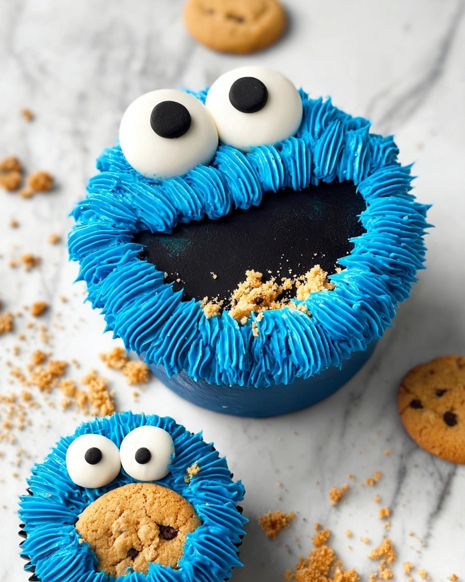 The image shows two cupcakes designed to look like the Cookie Monster character. Each cupcake has bright blue frosting piped in many small strands to mimic fur. The larger cupcake features two big white circular fondant eyes with smaller black circles as pupils placed near the top center. Below the eyes is a large, uneven black frosting mouth that is open, with cookie pieces and crumbs inside and around it, simulating a bite. In the background, the smaller cupcake has similar blue fur and eyes, with a smaller black mouth holding a cookie chunk. The scene is set on a white marbled surface with scattered cookie crumbs around the cupcakes. photo taken with an iphone --ar 4:5 --v 7