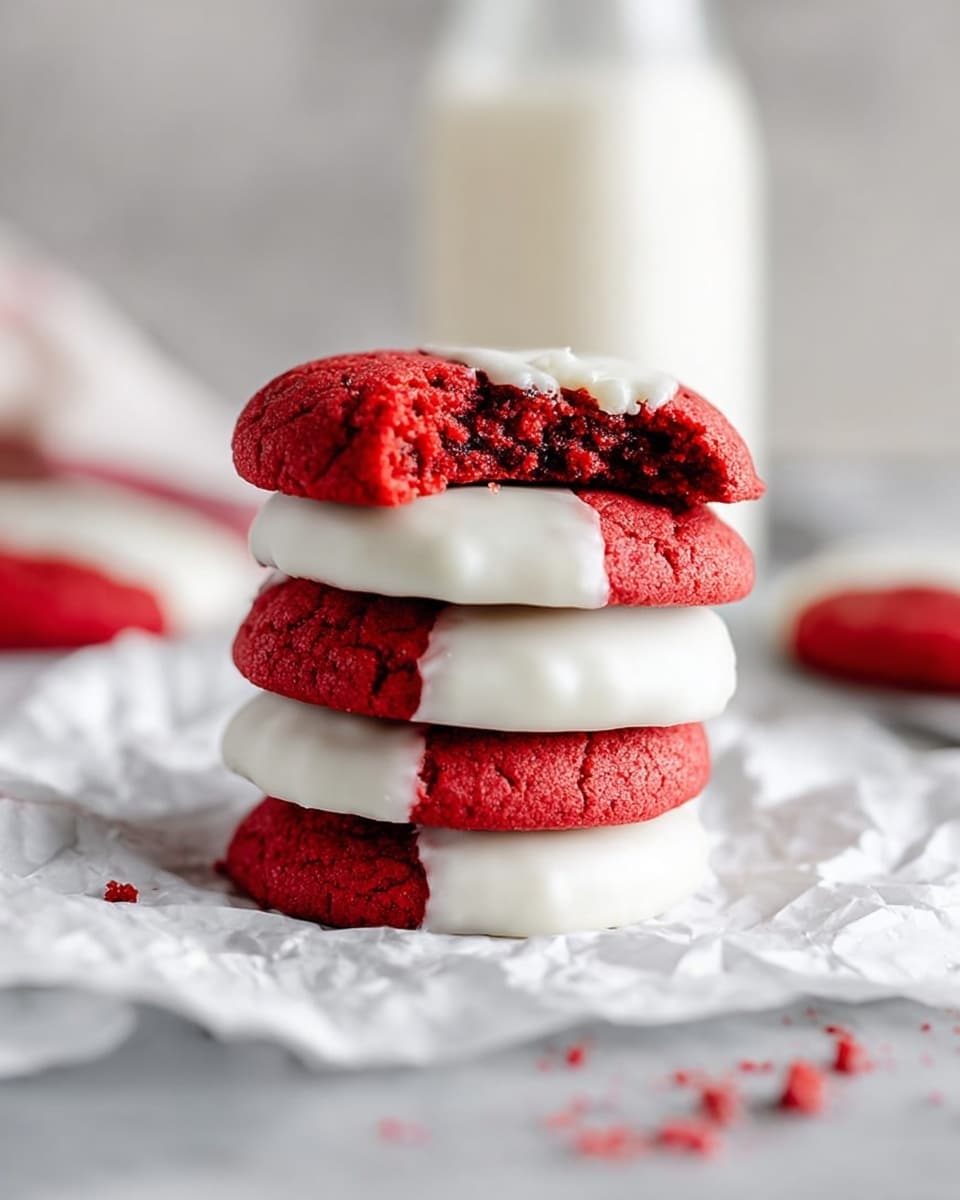 The image shows a collection of round red cookies arranged neatly on crumpled white baking paper atop a white marbled surface, with some cookies dipped halfway in smooth white icing, creating a two-tone look with the red upper half and white lower half. In the top part, a few cookies are stacked slightly overlapping each other beside two clear glass bottles filled with milk, and a gray and white checked cloth is casually draped nearby, adding a soft texture contrast. The cookies have a slightly cracked surface giving them a homemade feel, and the colors stand out brightly against the white background. Photo taken with an iphone --ar 4:5 --v 7