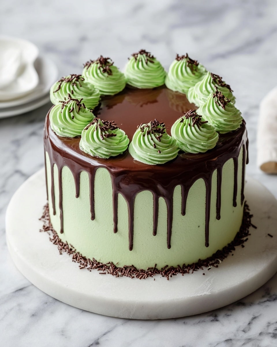 A slice of cake with three thick, dark brown chocolate layers and two light green cream layers in between, placed on a white plate with a textured edge. The cake is frosted with the same light green cream on the outside, with a decorative green cream swirl on one side topped with small drops of chocolate. The edges of the cake are coated with a thin layer of chocolate. The white plate sits on a white marbled surface, with some chocolate sprinkles scattered around and a blurred fork and another plate of cake slices in the background. Photo taken with an iphone --ar 4:5 --v 7