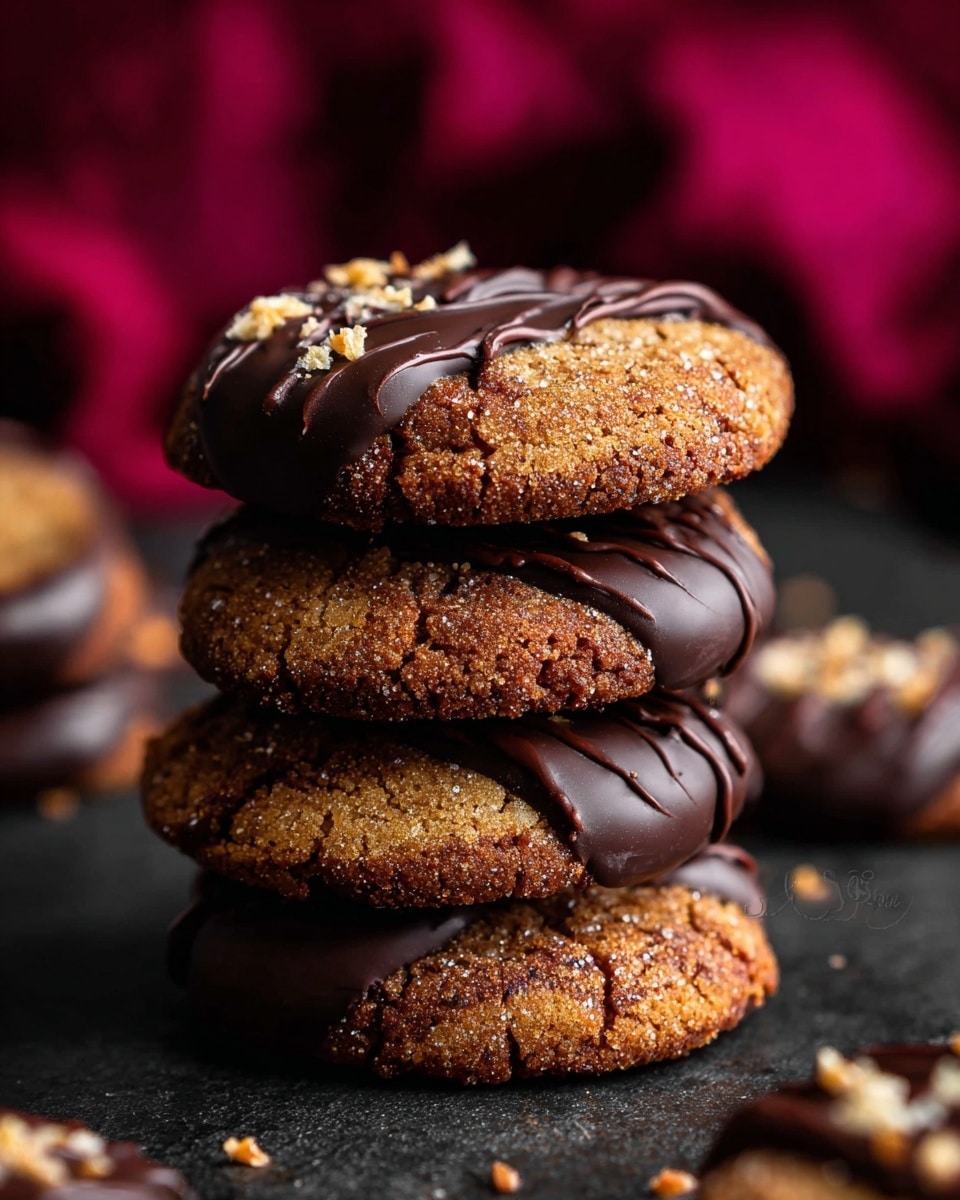A close-up stack of four thick cookies on a dark rough surface with a blurred deep red cloth in the background. Each cookie has two layers: a rough textured golden brown cookie base with visible sugar granules, and a top layer of smooth, glossy dark chocolate coated halfway over the cookie, decorated with thin dark chocolate drizzle and small bits of light-colored crunchy topping. The cookies are stacked unevenly, showing the textured cookie edges and glossy chocolate layers clearly. Photo taken with an iphone --ar 4:5 --v 7