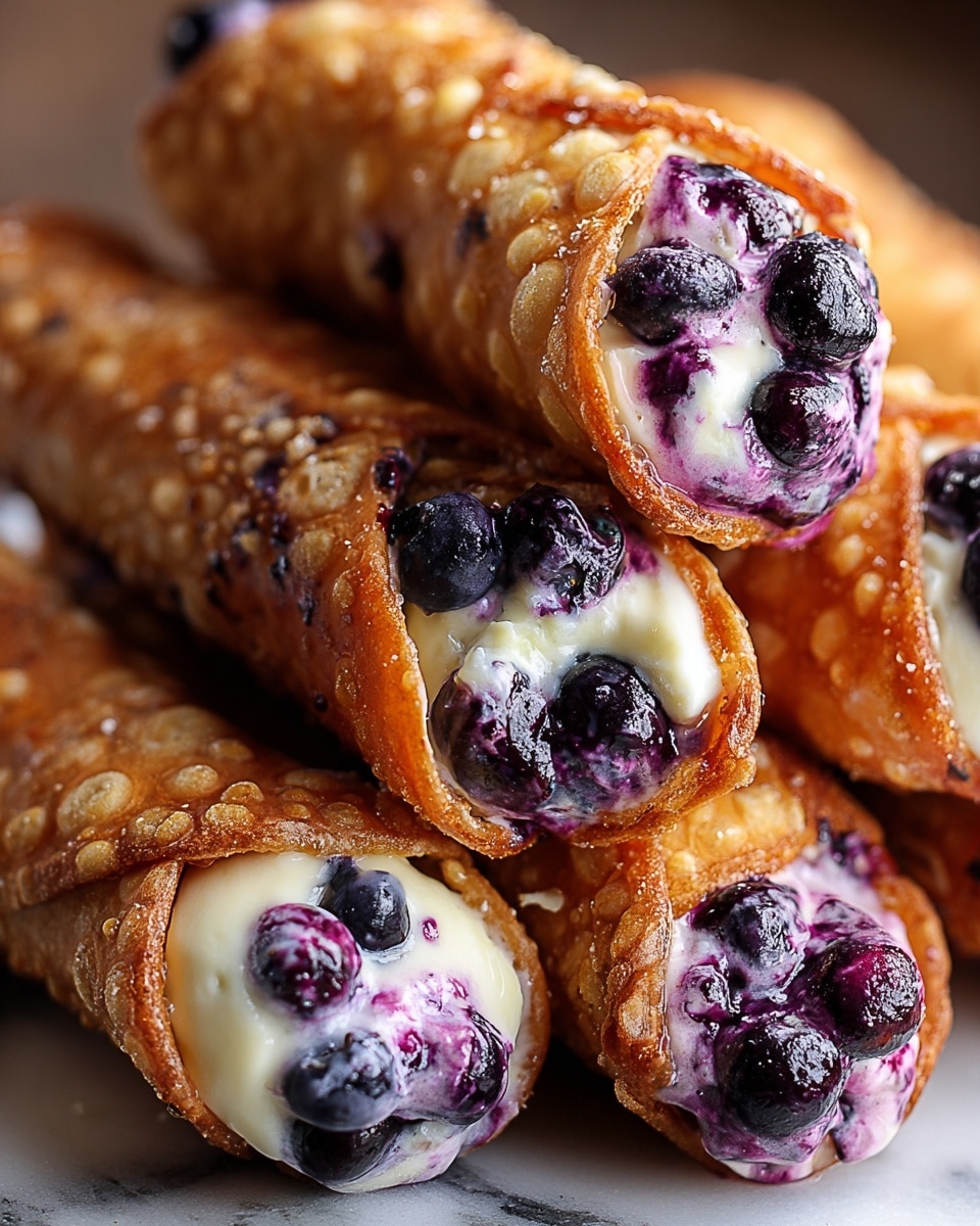 The image shows crispy golden-brown cannoli shells, each with a bubbly, textured surface. The shells are filled with creamy white ricotta cheese, mixed with juicy dark purple blueberries throughout. The filling looks soft and smooth with some blueberry juice blending into it, creating a light purple tint around the berries. The cannoli are stacked closely on a white marbled surface, with one cannoli held up showing the cross-section of creamy filling and whole blueberries inside. photo taken with an iphone --ar 4:5 --v 7