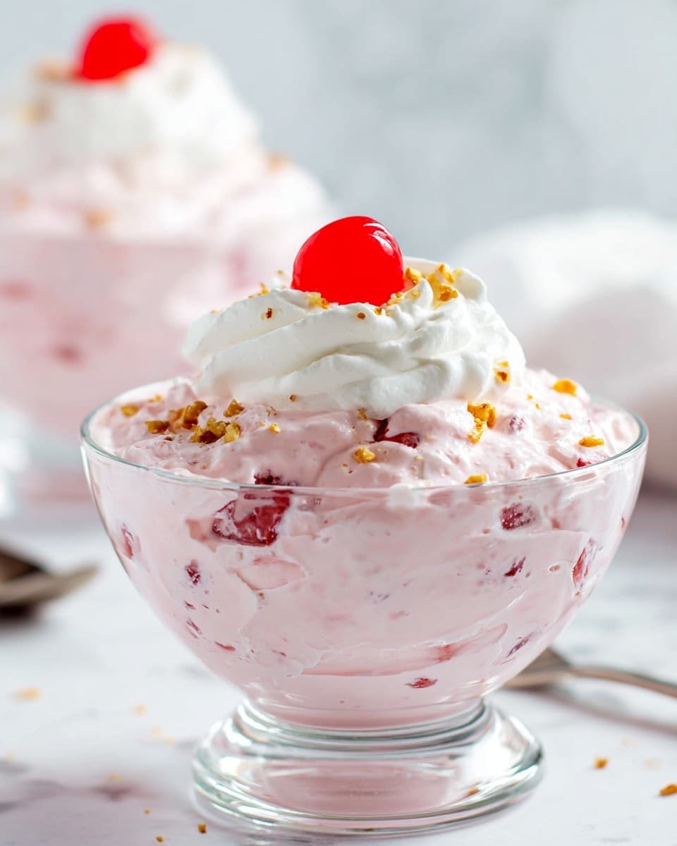 A clear glass bowl holds a dessert with two main layers: the bottom layer is light pink, creamy, and smooth with small reddish chunks mixed in, while the top layer is white whipped cream placed dollop-style in the center. On top of the whipped cream sits a bright red cherry, and small pieces of crushed nuts are sprinkled over the whipped cream and pink layer. The background shows a soft white marbled texture, and a second similar bowl is slightly blurred in the background. photo taken with an iphone --ar 4:5 --v 7