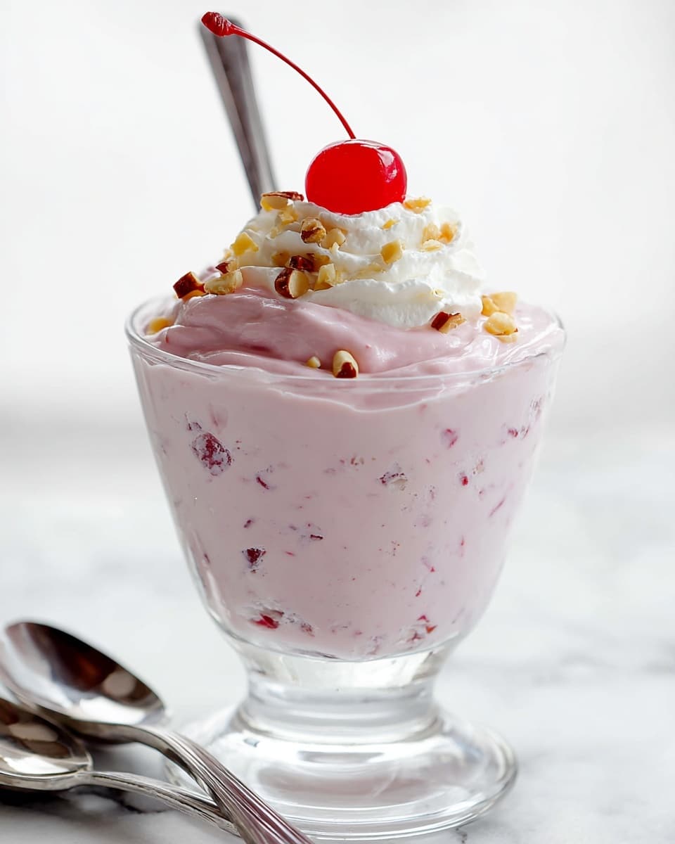 A clear glass cup holds a creamy pink dessert with visible small bits of red fruit and nuts inside. The dessert fills the cup almost to the top and is topped with a thick swirl of a slightly lighter pink cream layer. On top of this is a small dollop of white whipped cream sprinkled with small pieces of chopped nuts and crowned with a bright red cherry. A silver spoon is inserted into the top of the dessert, standing upright. The cup sits on a white marbled surface with a silver spoon resting nearby. Photo taken with an iphone --ar 4:5 --v 7