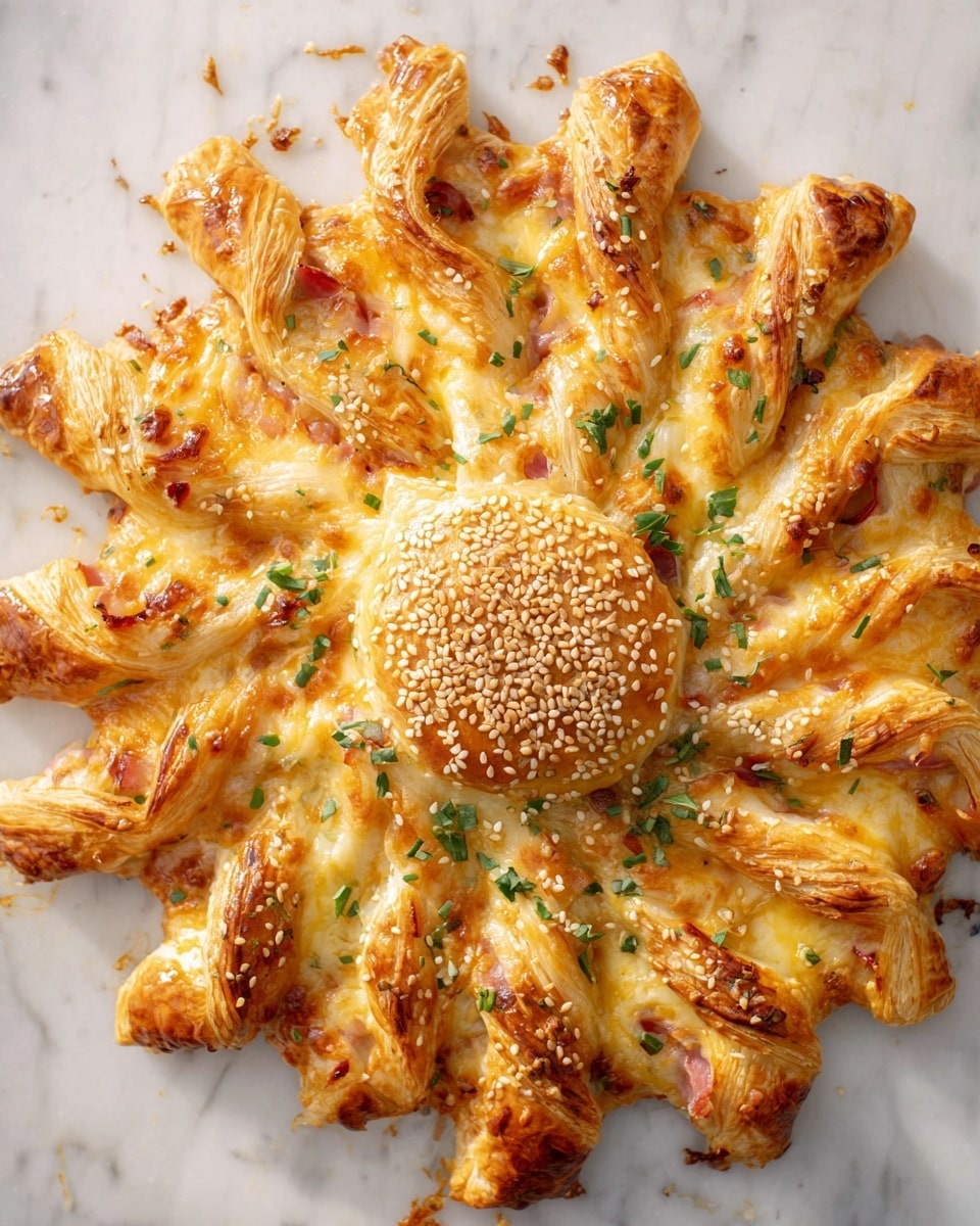 A golden puff pastry dish shaped like a sunburst with a round center covered in sesame seeds. Around this center are multiple twisted layers of flaky pastry filled with melted cheese and bits of ham, each topped with sesame seeds. Small green herb leaves are scattered lightly on top, adding a fresh color contrast. The dish rests on a white marbled surface, highlighting the warm tones of the baked pastry and cheese. photo taken with an iphone --ar 4:5 --v 7