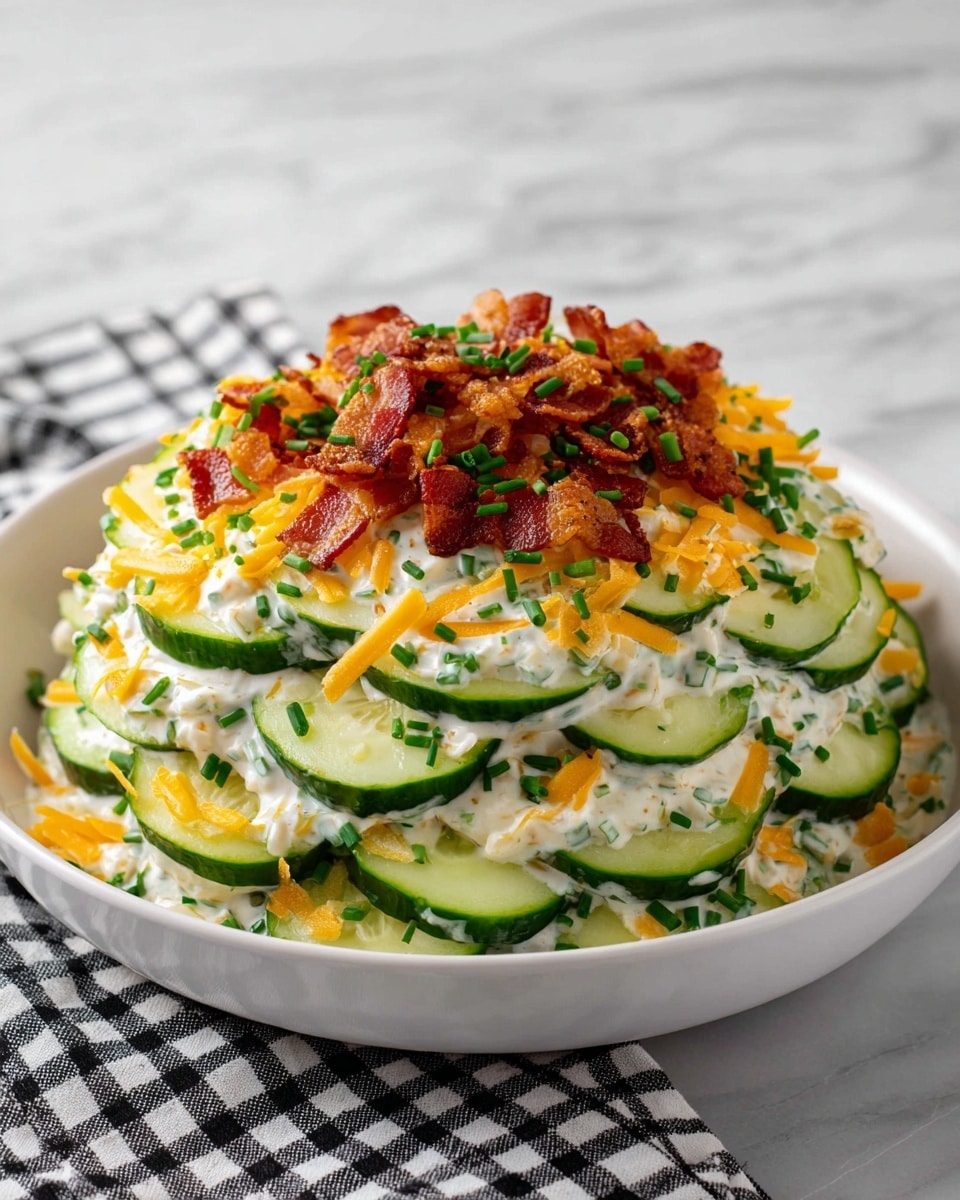 The dish is a bowl filled with several layers of cucumber slices coated in a creamy, white dressing with visible green herbs, stacked loosely as the first layer. On top, there is a scattered layer of bright orange shredded cheddar cheese adding a soft texture, followed by crispy, golden brown pieces of cooked bacon evenly distributed across the cucumbers. Small chopped green chives are sprinkled all over, adding a fresh green contrast to the creamy and cheesy layers. The bowl itself is white, sitting on a white marbled surface with a black and white checkered cloth slightly visible at the front. photo taken with an iphone --ar 4:5 --v 7
