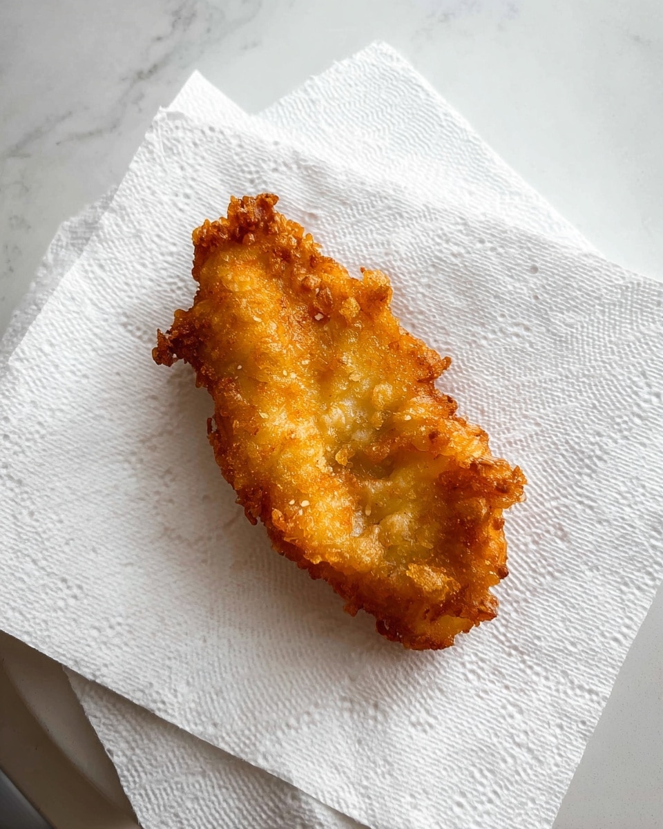 A single piece of golden brown fried food with a crispy, textured coating is placed on top of two white paper towels. The fried piece is unevenly shaped with rough, crunchy edges and small bubbles on its surface, indicating a crunchy crust. The paper towels beneath it have a subtle circular pattern and are folded into a neat square. The scene is set against a white marbled texture background. photo taken with an iphone --ar 4:5 --v 7