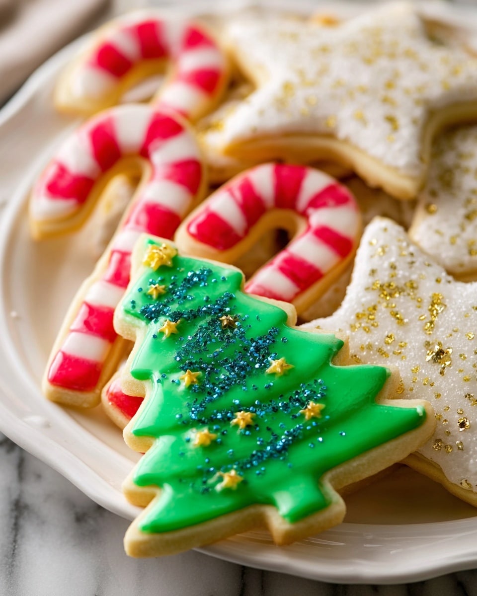 The image shows a white plate with several decorated Christmas sugar cookies layered slightly on top of each other. In the front, there are green Christmas tree-shaped cookies with smooth, shiny green icing, topped with small yellow star-shaped decorations and sprinkled with blue sugar crystals. Behind these are candy cane-shaped cookies with bright red and white striped icing. To the left, there are star-shaped cookies with white icing and golden sugar sprinkles, and to the right, white star-shaped cookies decorated with white sugar crystals. The cookies have a soft, slightly golden edge and a smooth texture, all placed on a white marbled surface. photo taken with an iphone --ar 4:5 --v 7