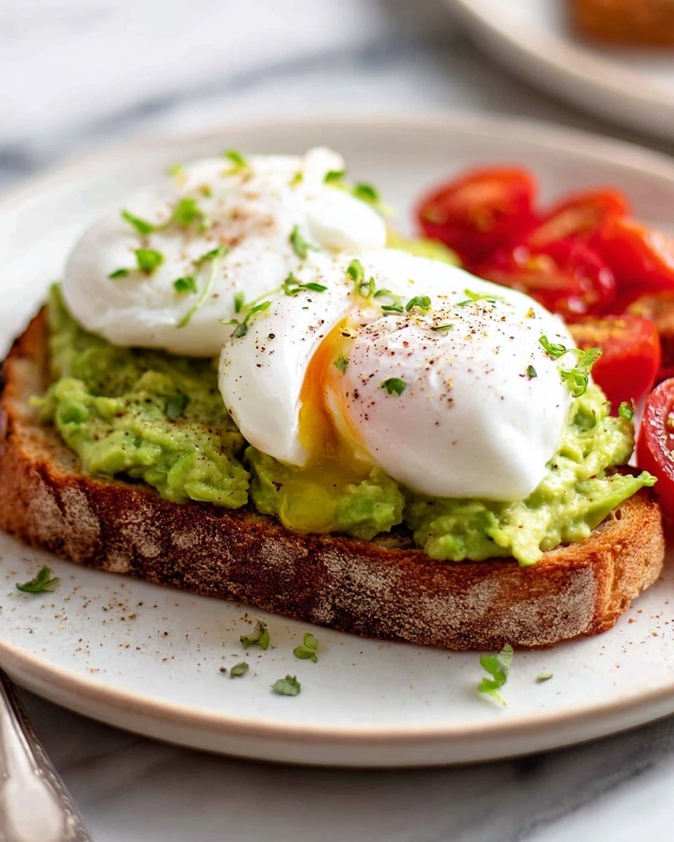 A thick slice of toasted bread sits on a white plate with a white marbled texture underneath. The first layer on the bread is mashed avocado, bright green with a slightly chunky texture, evenly spread. On top of the avocado, there are two poached eggs, smooth and white with a soft, round shape, sprinkled lightly with black pepper and small green herb pieces. In the background, halved cherry tomatoes add a pop of red color. The edge of a fork is visible at the plate's side. photo taken with an iphone --ar 4:5 --v 7