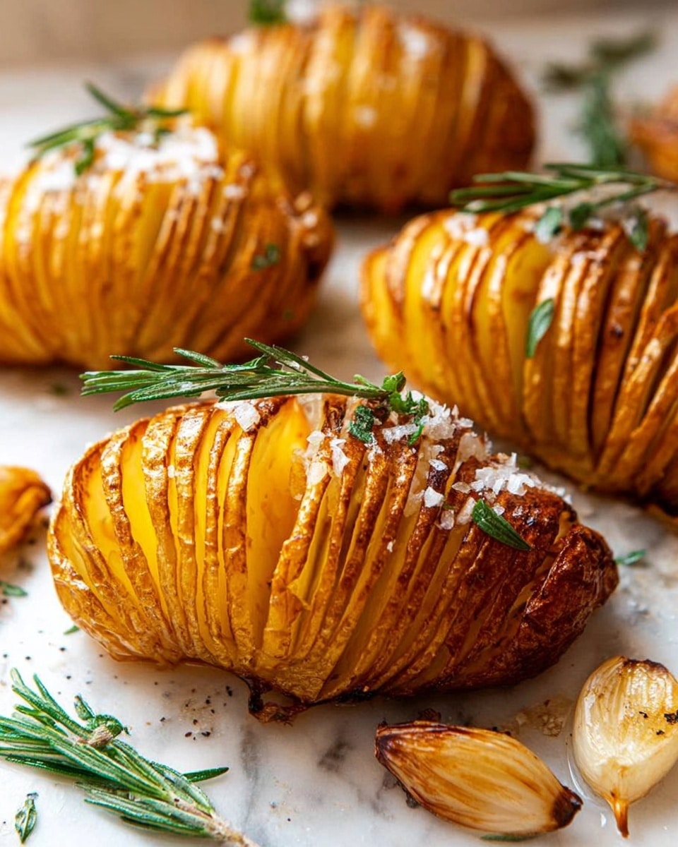 The image shows several golden-brown roasted Hasselback potatoes with thin, evenly sliced layers that fan out slightly. The potatoes have a crispy texture on the outside with a soft inside, and coarse salt is sprinkled over them. They are garnished with sprigs of fresh green rosemary and whole roasted garlic cloves scattered around. The potatoes rest on a white marbled surface with warm lighting highlighting their crispiness and color. photo taken with an iphone --ar 4:5 --v 7