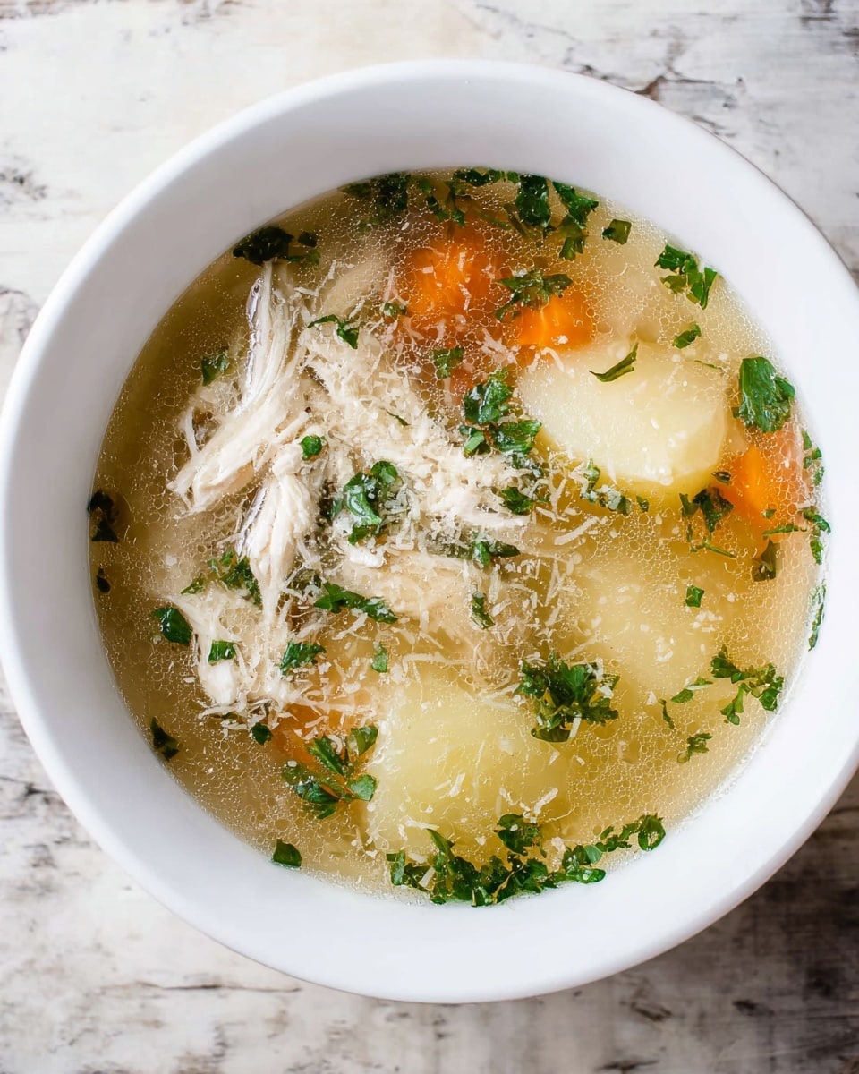 A white bowl filled with clear chicken soup placed on a white marbled texture. The soup contains shredded white chicken pieces on one side, translucent broth with visible slices of pale yellow potato and a piece of orange carrot. Green chopped parsley is scattered on the surface, along with small white grated cheese pieces sprinkled over the top. The textures vary from soft chicken, smooth broth, tender vegetables, to a light garnish. Photo taken with an iphone --ar 4:5 --v 7