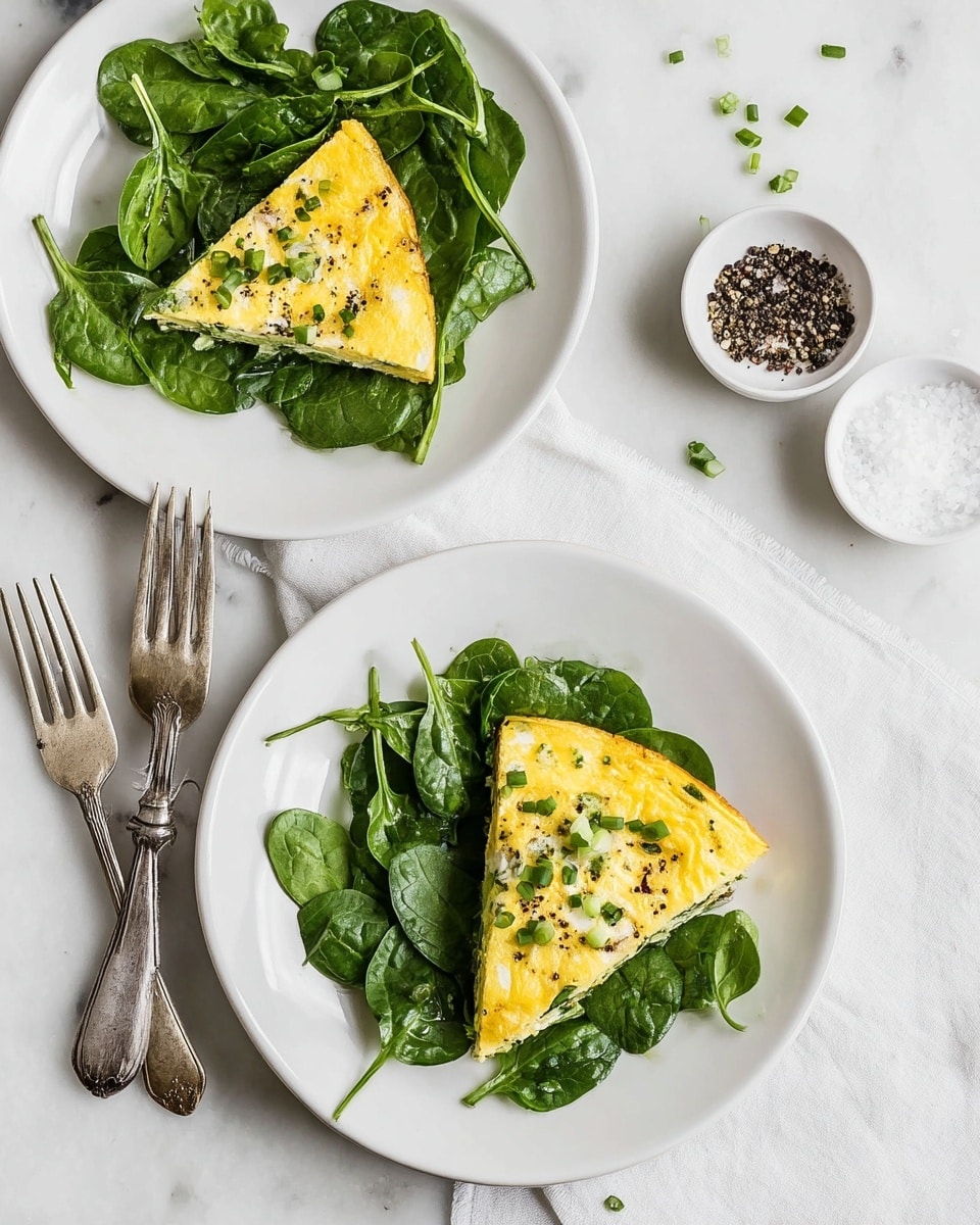 Two white plates each hold a bed of fresh spinach leaves with a smooth, slightly shiny texture, arranged in a loose pile. On top of the spinach in each plate is a triangular slice of golden-yellow frittata or omelette, with visible small white and green bits inside, topped with chopped green onions. The plates are set on a white marbled surface, near two small white bowls, one filled with coarse black pepper and the other with coarse salt. Two silver forks are placed next to the plates. The scene is bright and clean, with simple, fresh ingredients. photo taken with an iphone --ar 4:5 --v 7