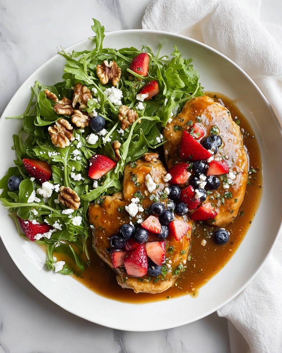 A white plate on a white marbled surface holds a dish with two main parts: on the right, two thick, cooked chicken breasts covered in a shiny brown sauce with herbs, topped with a mix of small strawberry pieces, whole blueberries, and crumbled white cheese, and on the left, a fresh green arugula salad with walnut halves and scattered small pieces of strawberries and blueberries. A white cloth napkin is partly visible in the top right corner. Photo taken with an iphone --ar 4:5 --v 7