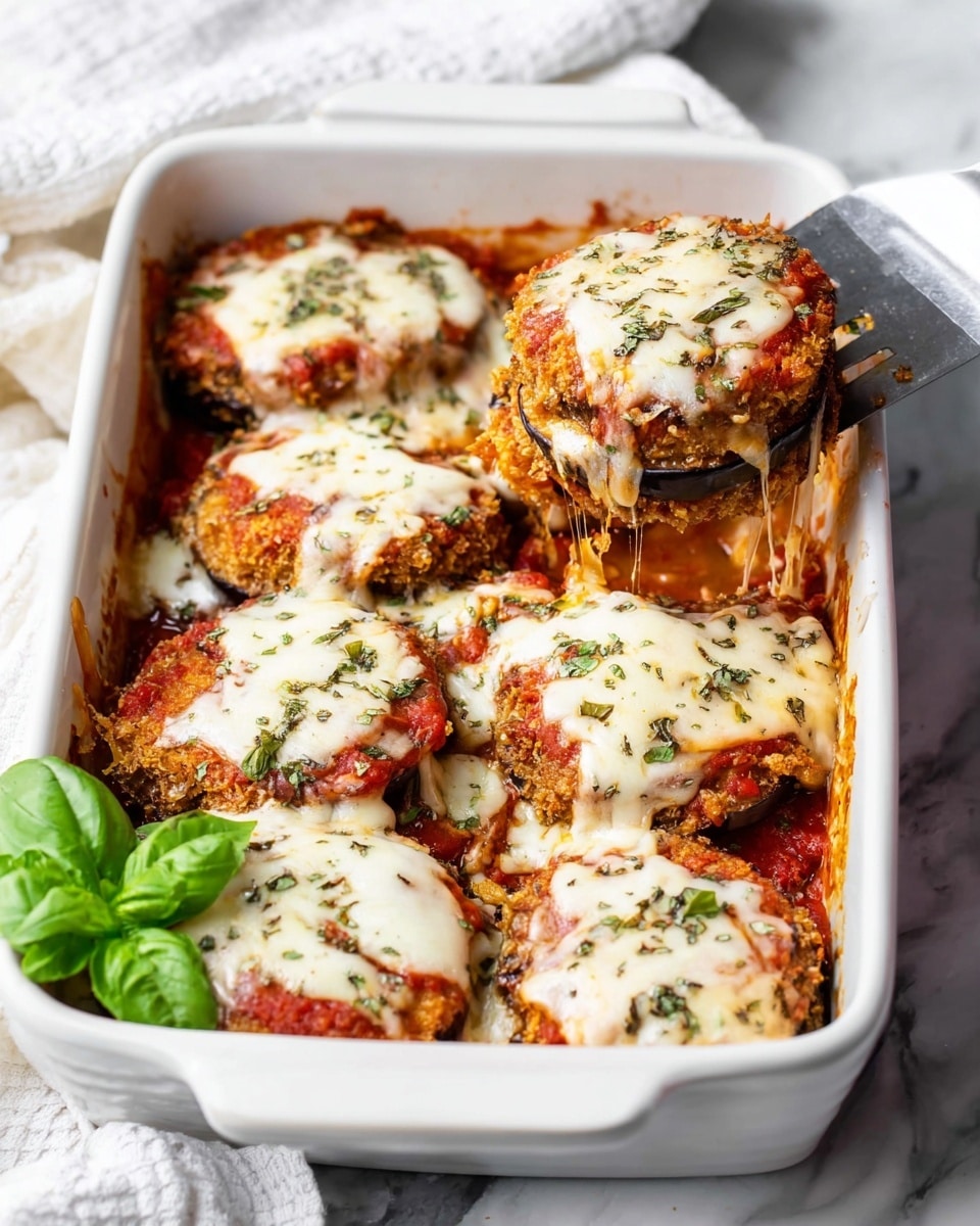 A white baking dish holds a layered eggplant parmesan consisting of multiple round eggplant slices coated in a golden-brown crispy crust, topped with rich red marinara sauce and covered by thick, melted white mozzarella cheese with slight golden spots from baking. Light green herbs are sprinkled on top, adding texture and color contrast, while a fresh bright green basil sprig is placed in one corner of the dish. A metal spatula lifts one piece, showing the gooey stretch of melted cheese and revealing the layers of crispy eggplant and sauce underneath. The dish is set against a white marbled texture background with a white cloth nearby. Photo taken with an iphone --ar 4:5 --v 7
