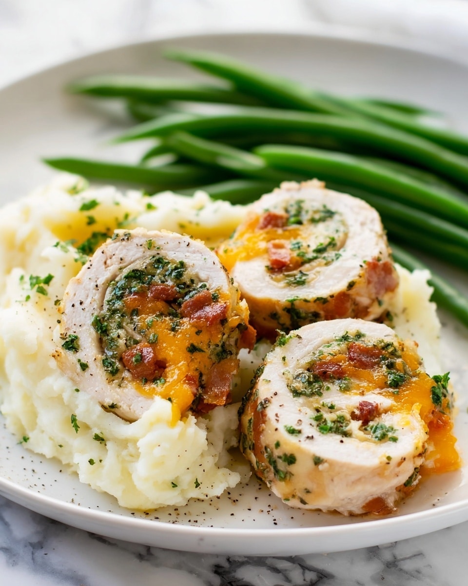 The dish is served on a white plate with a white marbled texture background, showing a base layer of creamy mashed potatoes with a soft, slightly lumpy texture. On top of the mashed potatoes are two pieces of rolled chicken, sliced to reveal three inner layers: a light golden outer layer of cooked chicken, a middle layer filled with bright orange melted cheese and green herbs mixed with bits of reddish-brown bacon, creating a colorful swirl. To the side, there is a neat bundle of fresh green beans with a smooth, glossy appearance. The whole scene is bright and inviting, with visible black pepper seasoning over the mashed potatoes and chicken, photo taken with an iphone --ar 4:5 --v 7