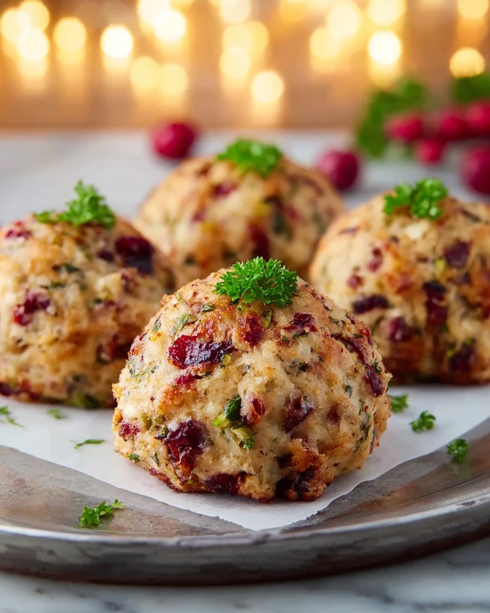 Four round, golden-brown bread balls sit on white baking paper on a silver tray. Each ball has a rough, uneven surface with small bits of red cranberries and green herbs mixed throughout. The bread balls look slightly crispy on the outside and soft inside, with one ball in the front center topped with small, fresh green parsley leaves. The background has warm yellow lights and hints of red berries blurred out over a white marbled texture. photo taken with an iphone --ar 4:5 --v 7