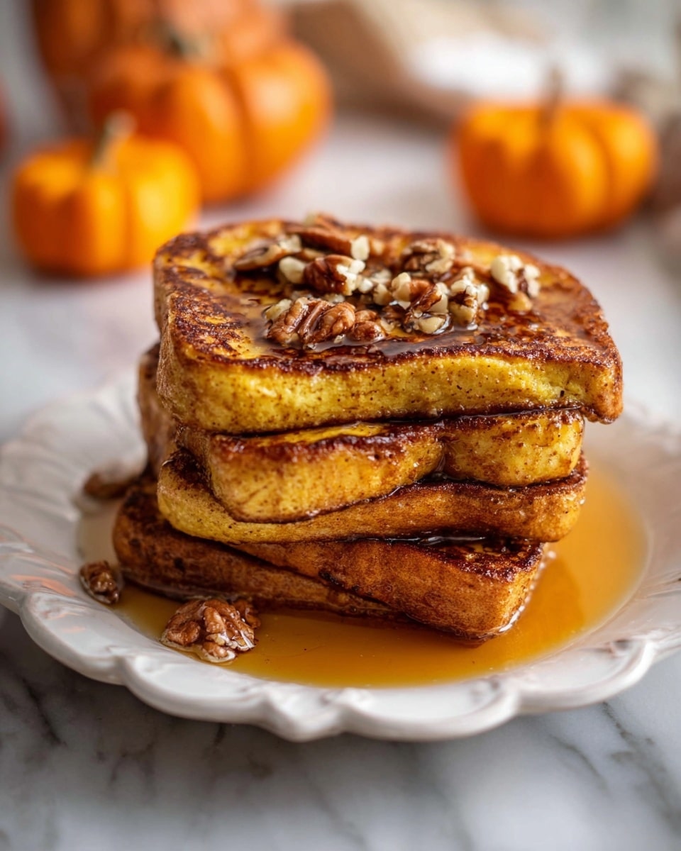 A stack of four thick slices of golden brown French toast sits on a white plate with scalloped edges. Each slice shows a slightly crispy, darker browned crust with a soft, yellowish inside. On top of the stack, there are roughly chopped pecans scattered, adding a nutty texture. A warm, amber-colored syrup pools around the base of the stack, glistening and slightly soaking into the toast. The whole scene is set against a white marbled surface with blurred small orange pumpkins in the soft background. photo taken with an iphone --ar 4:5 --v 7