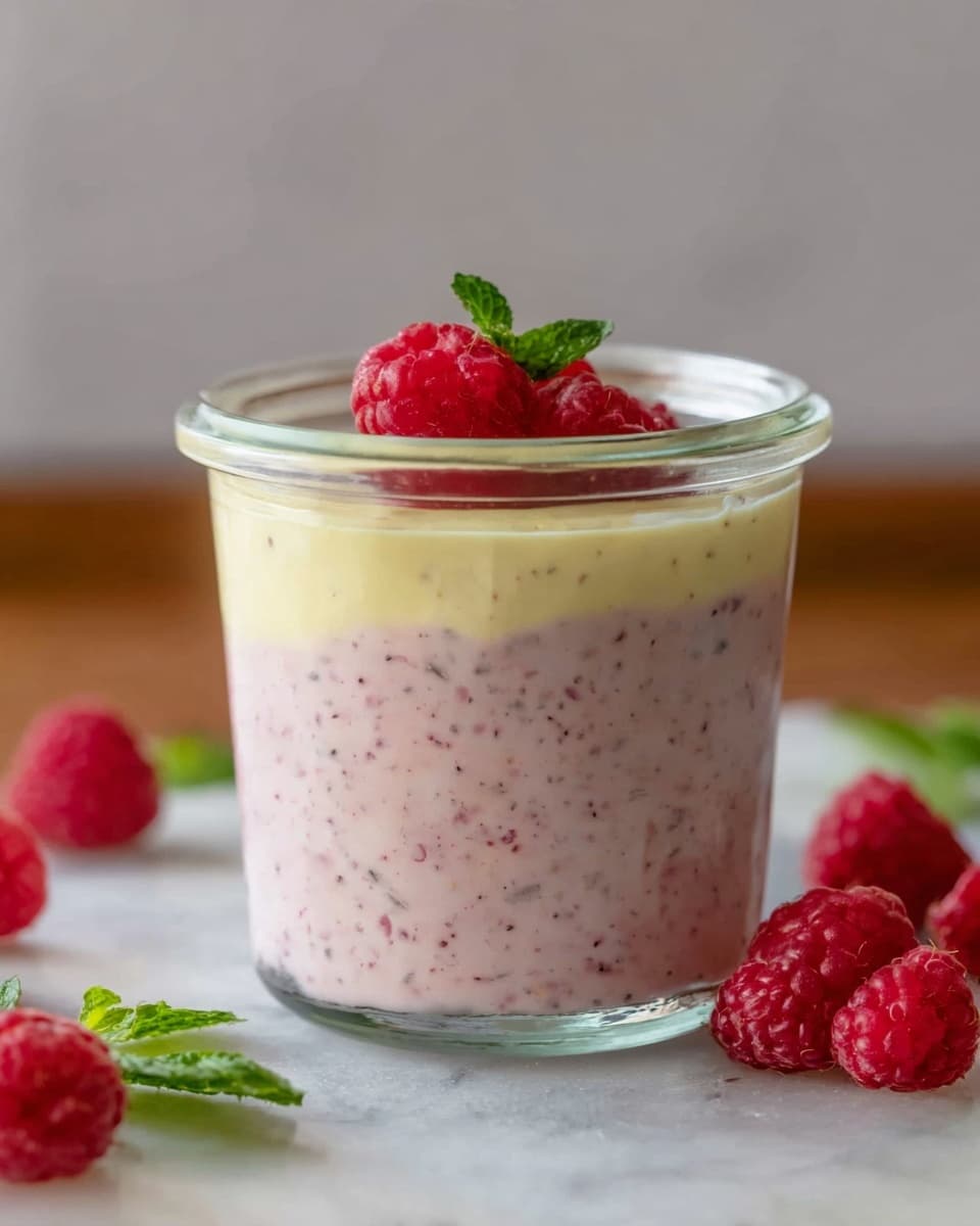 A clear glass jar holds a two-layered dessert placed on a white marbled surface, with fresh red raspberries and green mint leaves scattered around. The bottom layer is thick and creamy with a pale pink color speckled with tiny dark seeds and bits of raspberries. The top layer is smooth and pale yellow, covering the pink layer evenly. Three whole raspberries topped with a small green mint leaf sit on top of the yellow layer as decoration. The scene is softly lit, showing the texture and freshness of the dessert clearly. photo taken with an iphone --ar 4:5 --v 7