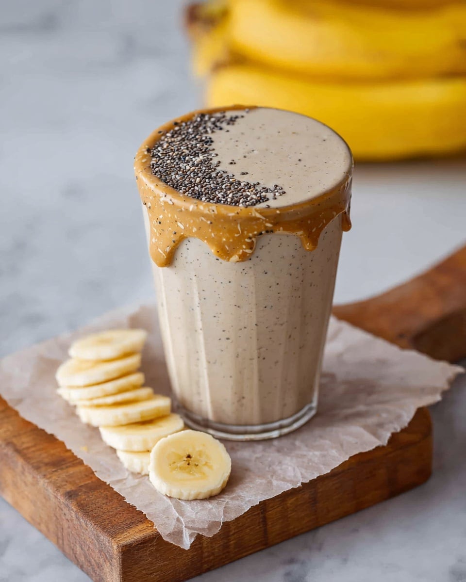 A tall clear glass filled with a creamy beige smoothie, topped with a sprinkle of tiny black chia seeds on one side and a thick golden-brown nut butter rim dripping slightly down the glass edges. The glass sits on a piece of light beige parchment paper, placed on a wooden cutting board. Next to the glass, there is a neat row of five round banana slices with a pale yellow color showing their smooth texture. In the blurred background, a whole bunch of yellow bananas is visible against a white marbled surface. Photo taken with an iphone --ar 4:5 --v 7