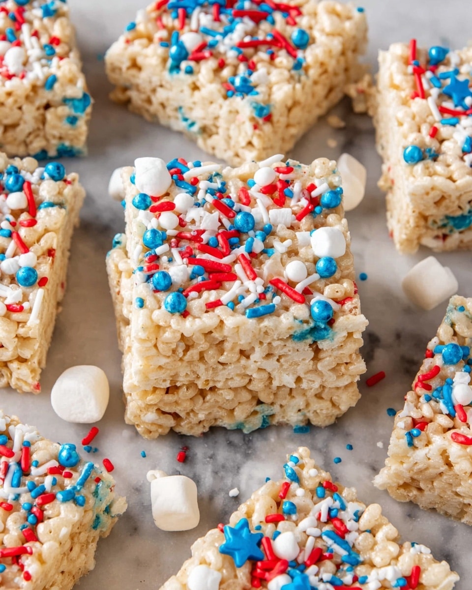The image shows multiple square pieces of rice cereal treats stacked close on a white marbled surface. Each treat has a pale golden layer made from puffed rice cereal mixed with melted marshmallow, creating a sticky, slightly shiny texture. Scattered across the top are colorful sprinkles in red, blue, and white, including small round balls, rods, and star shapes, adding bright pops of color. Small white marshmallows are placed around the treats on the surface. The photo taken with an iphone --ar 4:5 --v 7