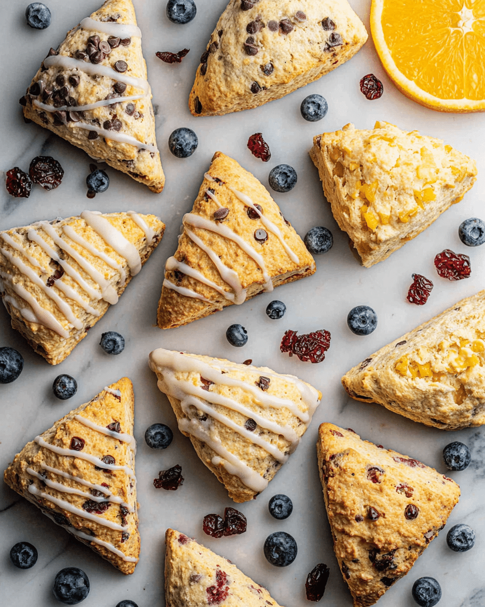 A group of twelve triangle-shaped scones arranged randomly on a white marbled surface. The scones show different textures and colors: some have a golden-brown top with a light drizzle of white icing, others have small dark chocolate chips scattered inside, and a few contain visible dried cranberries and blueberries. The scones vary in shade from light beige to a warm golden tone. Around the scones, there are loose blueberries, dried cranberries, and chocolate chips scattered lightly. A half slice of bright orange is placed in the upper right corner. photo taken with an iphone --ar 4:5 --v 7