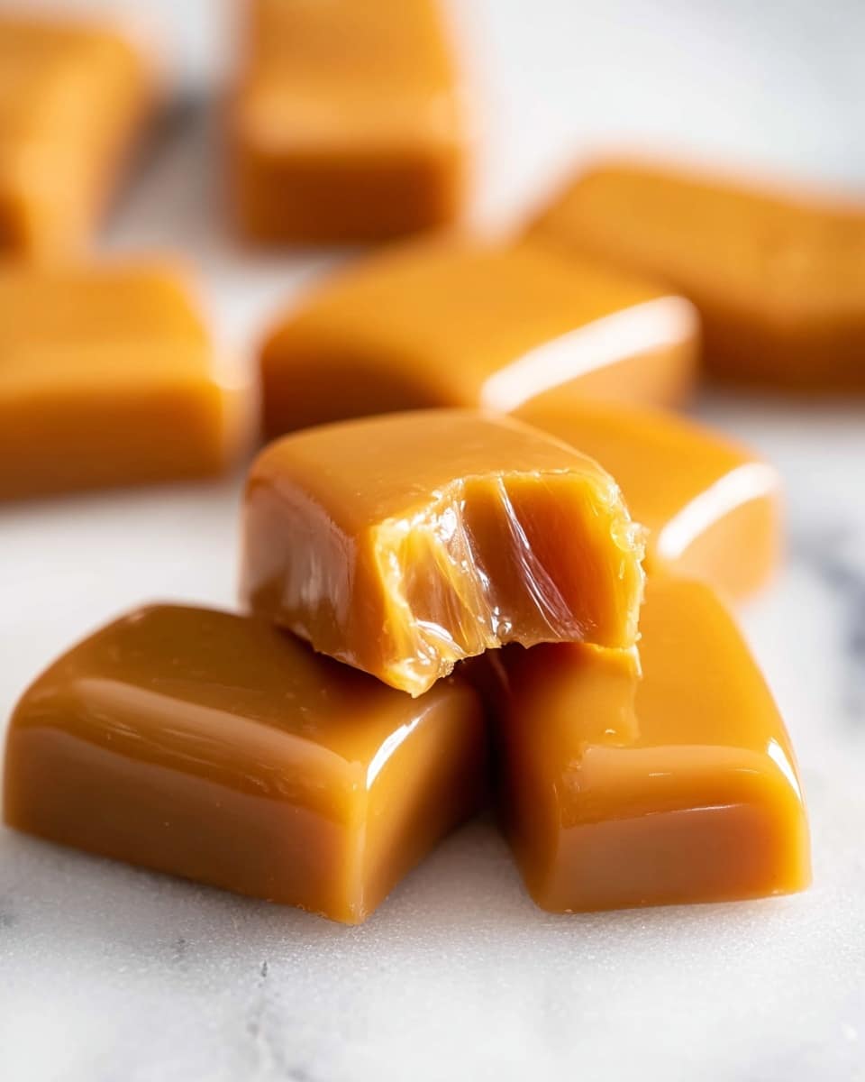 The image shows a close-up of several smooth, shiny caramel candies stacked on a white marbled surface. The caramels are golden brown with a soft, slightly glossy texture. One caramel on top has a bite taken out of it, revealing a sticky, chewy inside with threads of caramel stretching from the bitten edge. The candies are arranged casually, with a shallow depth of field focusing on the bitten caramel while the others blur softly into the background. photo taken with an iphone --ar 4:5 --v 7