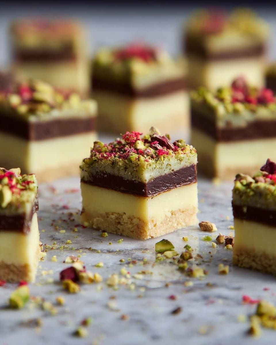 The image shows small square dessert pieces arranged on a surface with a white marbled texture. Each piece has three layers: the bottom layer is thick and creamy pale yellow, the middle layer is dark brown with a smooth, rich appearance, and the top layer is a light greenish-beige crumbly topping sprinkled with small bright red bits and crushed pistachio pieces. The dessert squares are neatly cut with clean edges, and some crushed nuts and crumbs are scattered around them on the surface. Photo taken with an iphone --ar 4:5 --v 7