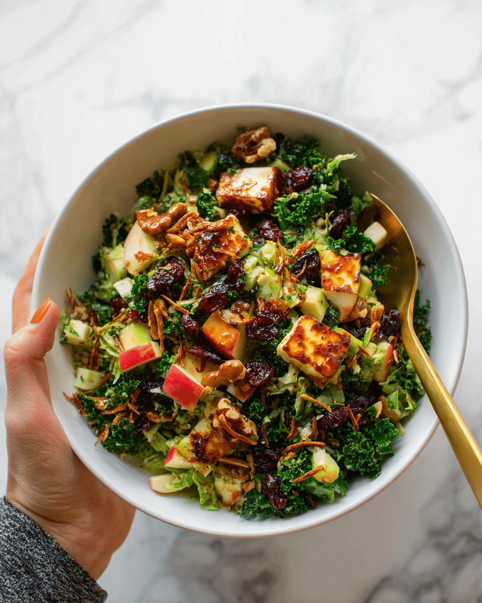 A white bowl holds a colorful salad with many layers, starting with finely chopped dark green kale and lighter green shredded Brussels sprouts at the base. Scattered on top are small cubes of bright red apple and golden-brown grilled halloumi cheese pieces with a shiny glaze. There are also dark red dried cranberries and crushed light tan nuts adding texture. Thin crispy golden fried onions are sprinkled over the salad, giving extra crunch. A gold spoon is partly buried in the salad, and a woman's hand holds the bowl gently from below. The background is a white marbled texture. photo taken with an iphone --ar 4:5 --v 7