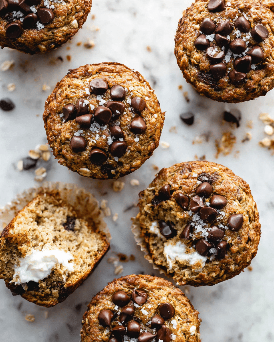 A close-up view of five oatmeal chocolate chip muffins placed on a white marbled surface, each muffin topped with generous dark brown chocolate chips scattered unevenly on a golden-brown textured crust with visible oats, some sprinkled lightly with coarse white sea salt. One muffin is broken open, revealing a soft, moist inside with a visible layer of white creamy filling. Small crumbs and a few chocolate chips are scattered around the muffins, enhancing the casual, homemade feel of the scene. photo taken with an iphone --ar 4:5 --v 7