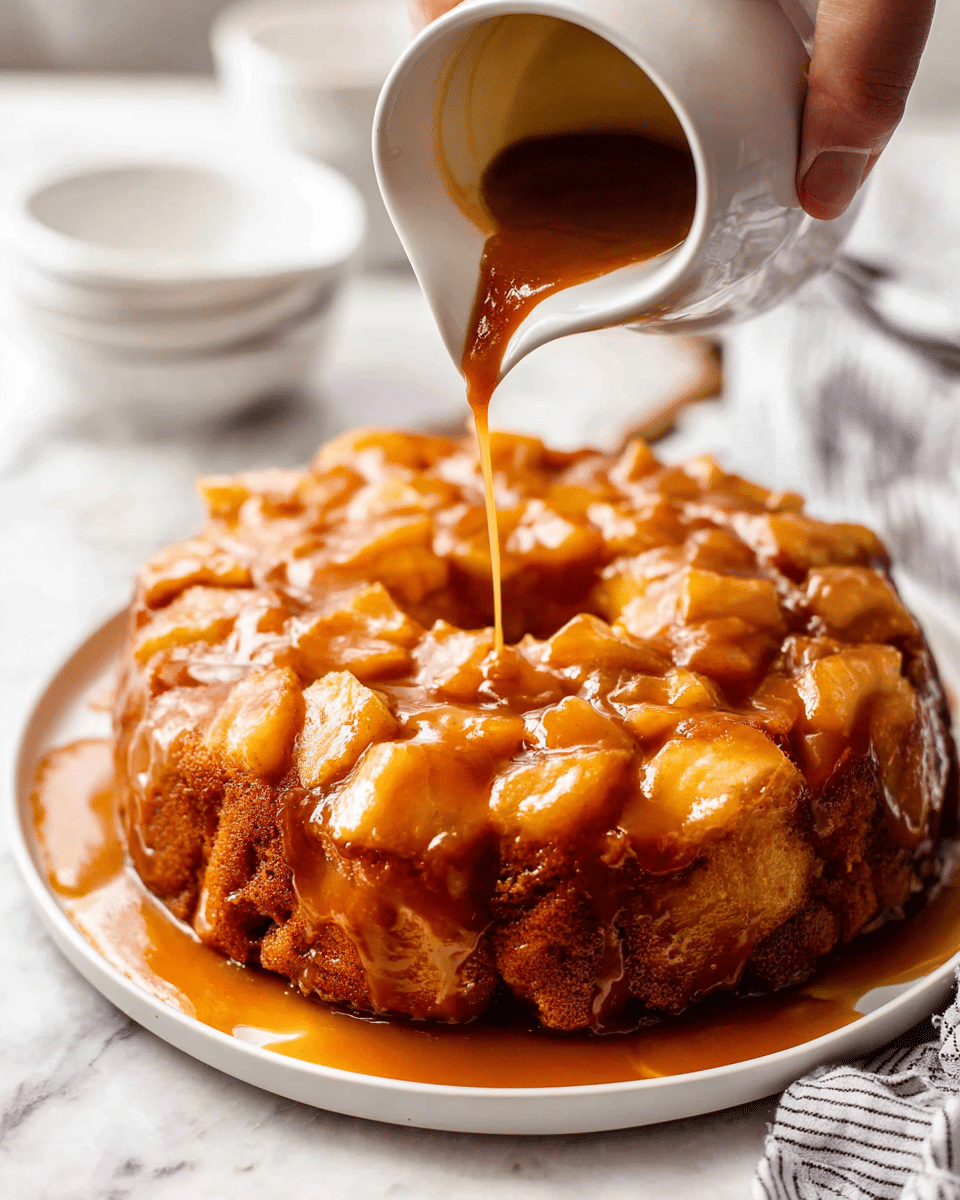 A close-up of a sticky caramel apple cake on a white plate with a round shape and uneven surface from the baked apple chunks. The cake is a warm golden-brown color with shiny caramel sauce poured over it from a white jug held by a woman's hand, the sauce pooling around the base and glistening in the light. The background has a soft white marbled texture, with some white dishes blurred in the back and a striped cloth napkin near the plate. The caramel sauce creates a glossy, textured layer on top of the moist-looking cake. photo taken with an iphone --ar 4:5 --v 7