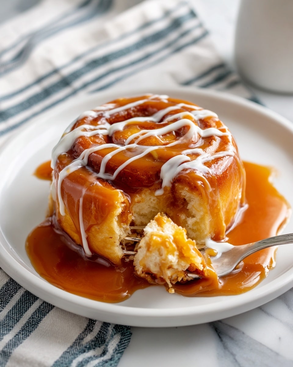 A round cinnamon roll with a golden brown and slightly shiny surface sits on a white plate, covered in a thick layer of warm, amber-colored caramel sauce that pools around the base. White icing is drizzled over the top in uneven, thin lines creating a contrast against the caramel. A fork pierces and lifts a piece from the roll, showing soft, fluffy layers inside coated in the caramel sauce. The plate rests on a white marbled surface with a striped cloth nearby. Photo taken with an iphone --ar 4:5 --v 7