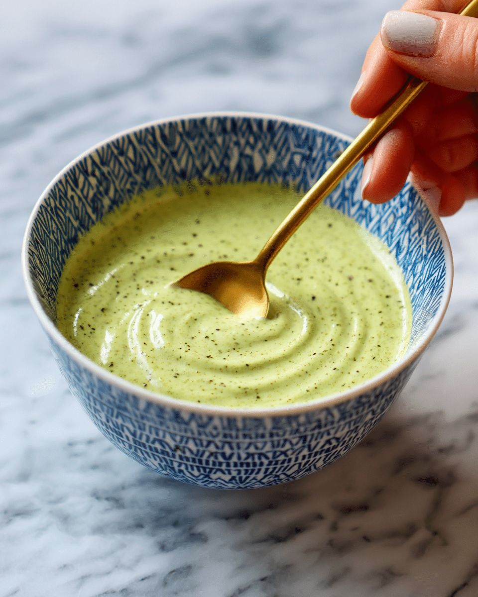 A close-up of a white bowl with a blue geometric pattern on the inside, filled with a creamy green sauce that has small dark green flecks evenly spread throughout. The sauce has a smooth, thick texture and takes up the entire bowl, with a swirl being created by a gold spoon partially dipped into it. A woman's hand is holding the spoon at the edge of the image, with a white marbled surface beneath the bowl. photo taken with an iphone --ar 4:5 --v 7
