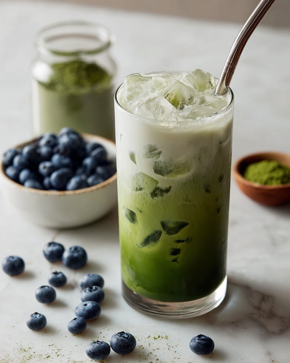 A clear glass filled with a two-layer iced drink sits on a white marbled texture. The bottom layer is a rich green color with a slightly blurry mix of textures, while the top layer is a creamy white with some melting ice visible inside. A stainless steel straw enters the drink from the top right, angled towards the top left. Around the glass on the surface are scattered fresh blueberries and a small white bowl filled with more blueberries, with a clear small jar holding a green powder in the background. Photo taken with an iphone --ar 4:5 --v 7