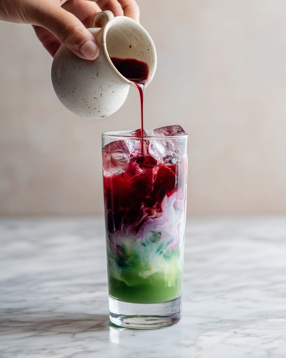 The image shows a clear glass filled with a three-layered drink standing on a white marbled surface. The bottom layer is a vibrant green liquid, topped by a thick white layer with swirls of light pink and purple mixed within, creating a marbled effect around irregular ice cubes floating near the top. A woman's hand is pouring a deep red syrup from a small white jug, the syrup dripping slowly into the drink, adding additional streaks of red to the white layer. The jug has a simple, slightly textured surface with small dark speckles. Photo taken with an iphone --ar 4:5 --v 7