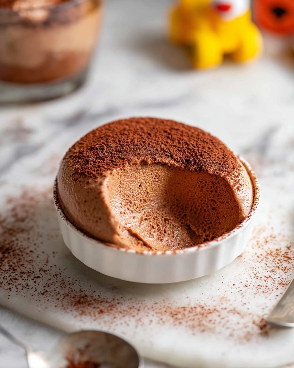 A scoop of chocolate mousse sits in a small white dish, showing two layers: a smooth, creamy lighter brown mousse base and a thicker, slightly darker brown layer on top coated evenly with a fine dusting of cocoa powder. The mousse has a soft, fluffy texture where a bite or scoop was taken out, creating a curved indentation on the side. The dish rests on a white marbled surface with cocoa powder lightly scattered around. In the blurred foreground, there is a glass with a similar chocolate mousse and cocoa topping, and in the background, there’s a small yellow toy. photo taken with an iphone --ar 4:5 --v 7