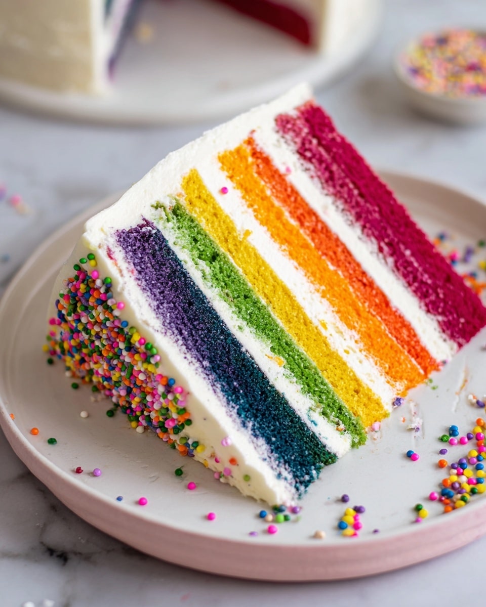 A slice of six-layer rainbow cake sits on a white plate with a pink rim, placed on a white marbled surface. The cake layers from left to right are purple, dark blue, green, yellow, orange, and red, each separated by thin white cream frosting. The cake is frosted with smooth white cream on the sides and top, with colorful sprinkles decorating the right edge of the slice. Some sprinkles are scattered on the plate and surface around the cake. The texture of the cake layers looks soft and moist, and the cream appears light and fluffy. Photo taken with an iphone --ar 4:5 --v 7