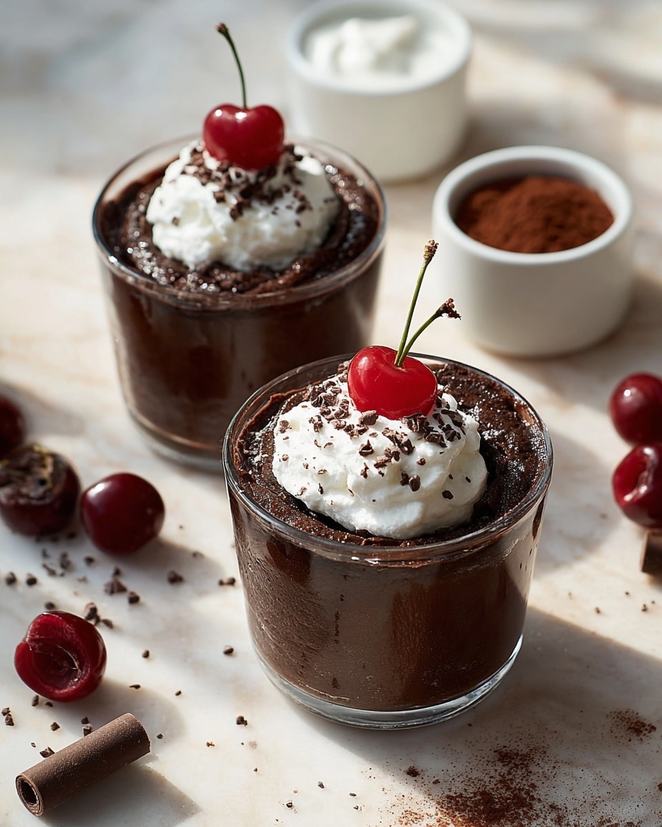 Two clear glass cups each hold a rich dark brown chocolate dessert with a slightly rough texture on the sides indicating thickness. On top of each chocolate layer is a generous swirl of smooth white whipped cream dusted lightly with fine dark brown chocolate shavings. At the very top, a single bright red cherry with a green stem sits as a garnish. The cups rest on a white marbled surface scattered with whole cherries and a rolled piece of chocolate. In the background, two white bowls contain more whipped cream and cocoa powder. Soft sunlight casts gentle shadows around the items. photo taken with an iphone --ar 4:5 --v 7