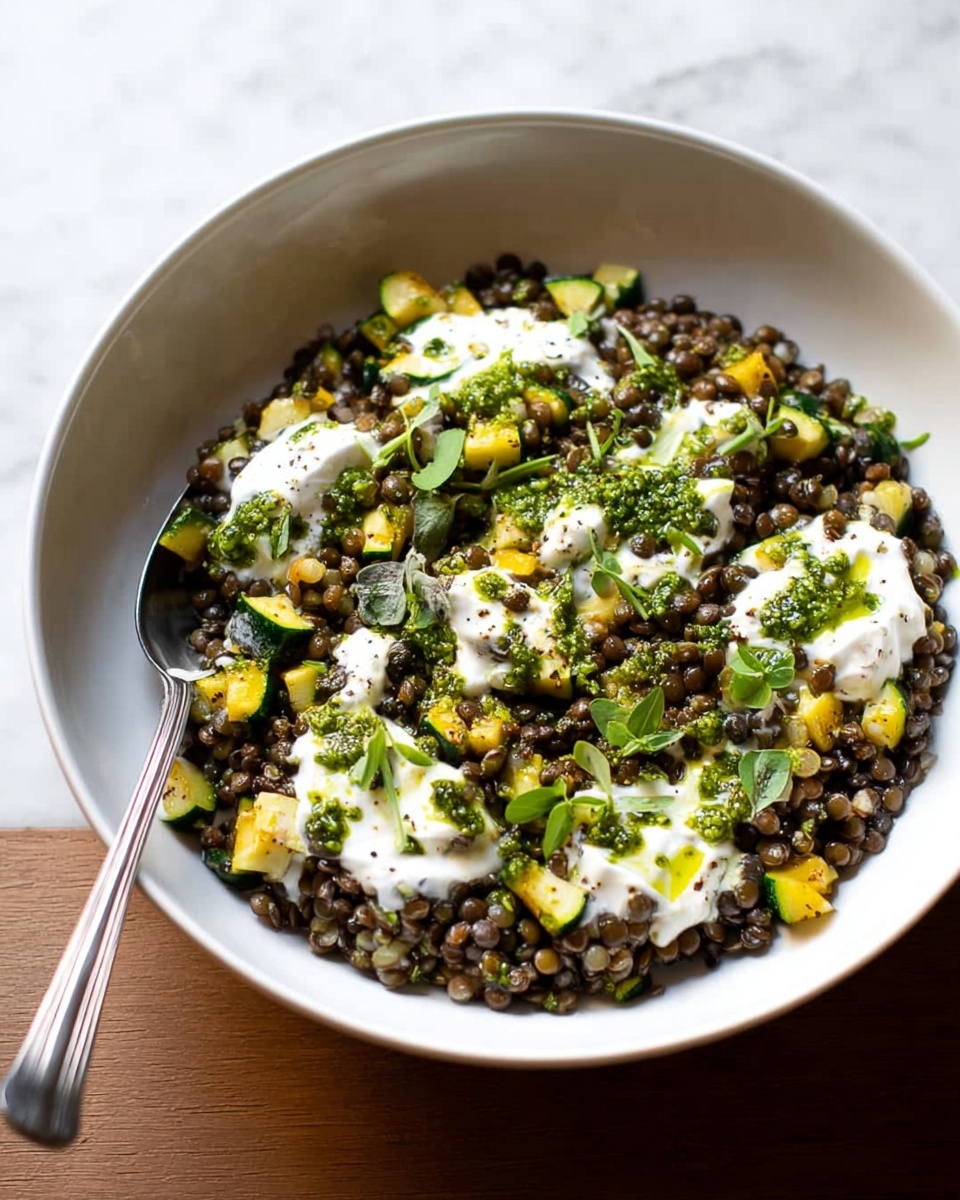 A white bowl filled with a mix of small, round dark lentils and chopped yellow and green zucchini pieces mixed evenly as the first layer. On top, there are dollops of creamy white yogurt or sauce spread in patches across the lentils, with bright green pesto or herb oil drizzled over the white sauce. Small green herb leaves are scattered on top, adding fresh color. A silver spoon rests on the left edge of the bowl. The bowl is placed on a white marbled textured surface. photo taken with an iphone --ar 4:5 --v 7