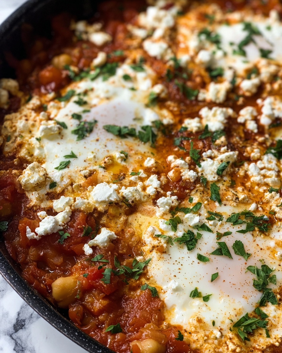 The image shows a close-up of a cooked dish with several visible layers mixed together. The base layer is a chunky red tomato sauce with pieces of tomato and chickpeas scattered throughout. On top of this sauce are large, white, cooked egg whites with some yolk visible in the center, soft and slightly runny. The eggs are surrounded and partially covered by crumbled white cheese, adding a grainy texture. Finely chopped green herbs are sprinkled over the top, giving a fresh contrast to the warm colors. The dish is served in a black pan, placed on a white marbled surface. photo taken with an iphone --ar 4:5 --v 7