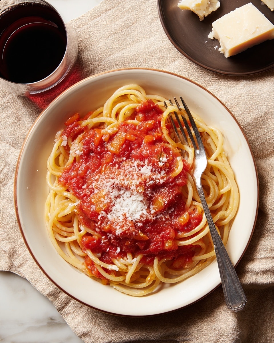 A white plate holds a single serving of spaghetti with a thick red tomato sauce, with some visible soft chunks of tomato and pale, cooked onion pieces mixed in. The spaghetti is twisted into soft spirals beneath the sauce, forming a loose pile about two layers thick. A light sprinkle of white, finely grated cheese covers the top, contrasting with the red sauce and yellow pasta. A shiny silver fork rests on the right edge of the plate, slightly touching the spaghetti. The plate sits on a beige cloth, with a glass of dark red wine on the left and a small dark plate with a chunk of pale cheese on the top right, all arranged on a white marbled surface. Photo taken with an iphone --ar 4:5 --v 7