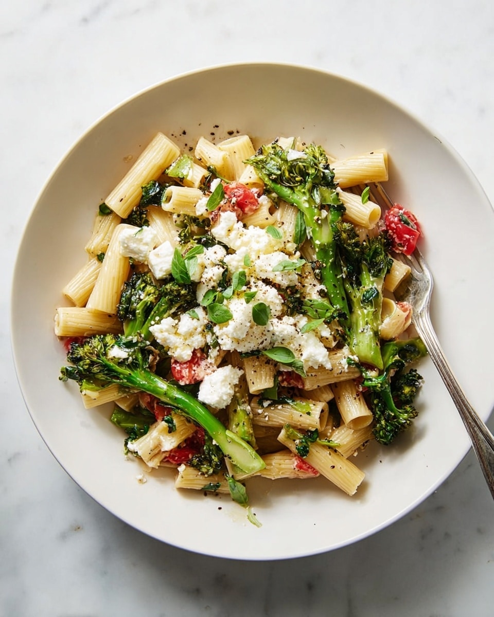A white plate holds one layer of short, tube-shaped pasta in light beige, mixed with bright green broccoli stems and leaves, scattered pieces of red tomato, and finely chopped darker green herbs. On top, there is a cluster of soft white cheese with a crumbly texture, sprinkled with black pepper and small green herb leaves. A silver fork is placed on the right side inside the plate, resting on the food. The plate sits on a white marbled surface. photo taken with an iphone --ar 4:5 --v 7