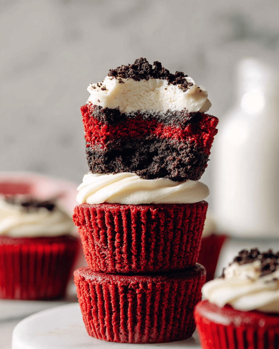 A stack of four red velvet cupcakes is shown with the top cupcake partially eaten, revealing three distinct layers inside: a dark chocolate base, a white cream or icing filling, and a thick red velvet cake layer. The top is decorated with a dollop of creamy white frosting sprinkled with small dark crumbs. The texture of the cupcake liners and cake appear soft and moist. The background features a soft white marbled texture with blurred elements of more cupcakes and a white jar. photo taken with an iphone --ar 4:5 --v 7