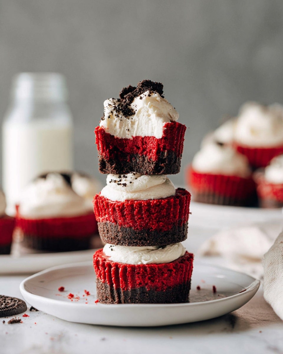 A stack of four mini red velvet cheesecakes sits on a round white plate on a white marbled surface. Each cheesecake has three visible layers: a dark brown crumbly base at the bottom, a thick bright red velvet middle layer with a soft, fluffy texture, and a topping of white whipped cream with small dark crumb sprinkles on top. The top cheesecake has a bite taken out, revealing a thin chocolate cookie layer just under the whipped cream. In the background, several more cheesecakes are blurry and there is a glass bottle with white liquid, all on the white marbled surface. Photo taken with an iphone --ar 4:5 --v 7